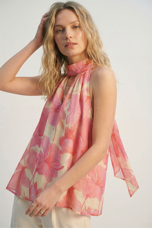 Top dos nu en mousseline florale rose