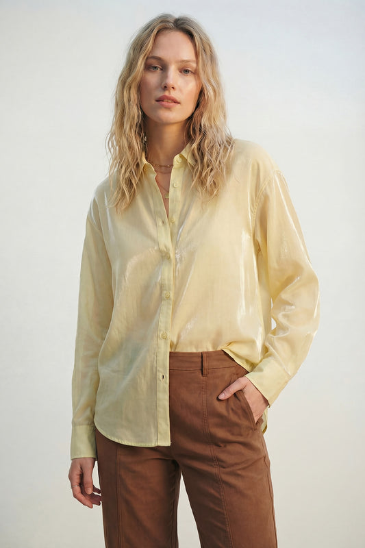 Chemise en satin brillant jaune Chemise boutonnée à coupe décontractée