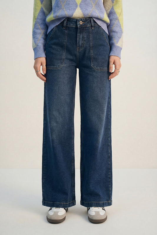 Jeans en denim à jambes larges avec poches plaquées utilitaires