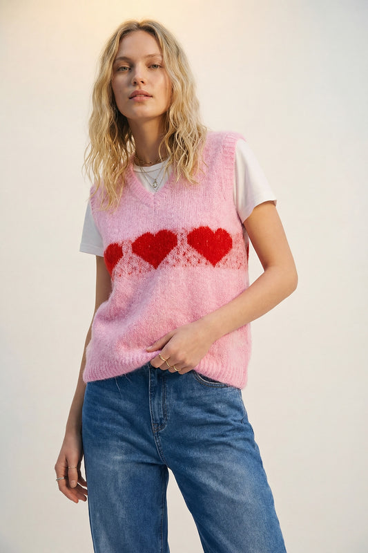 Gilet décontracté en tricot rose duveteux avec motif en forme de cœur