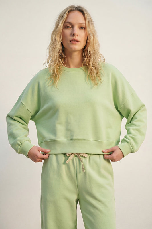 Sweatshirt basique à col ras du cou et épaules tombantes en vert