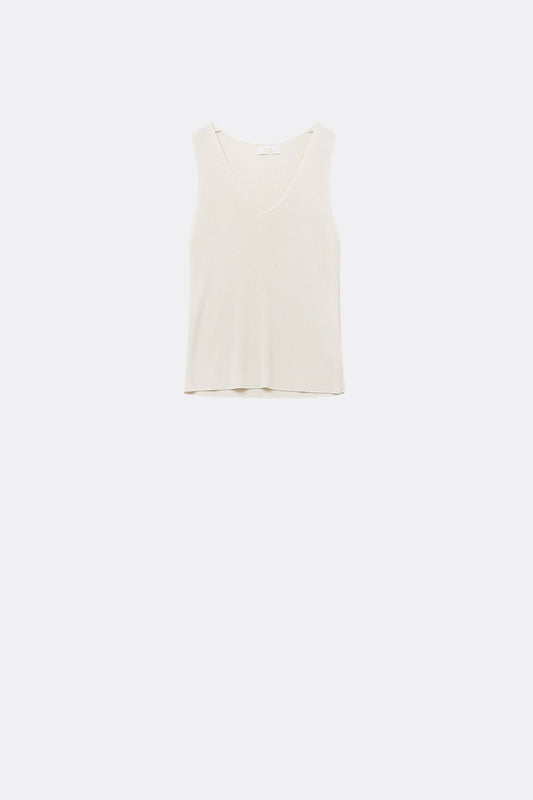 Haut beige sans manches en maille fine avec col en V