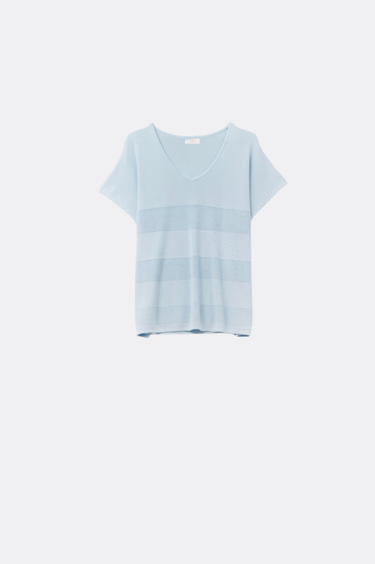 Pull col en V bleu bébé avec détail en maille ajourée