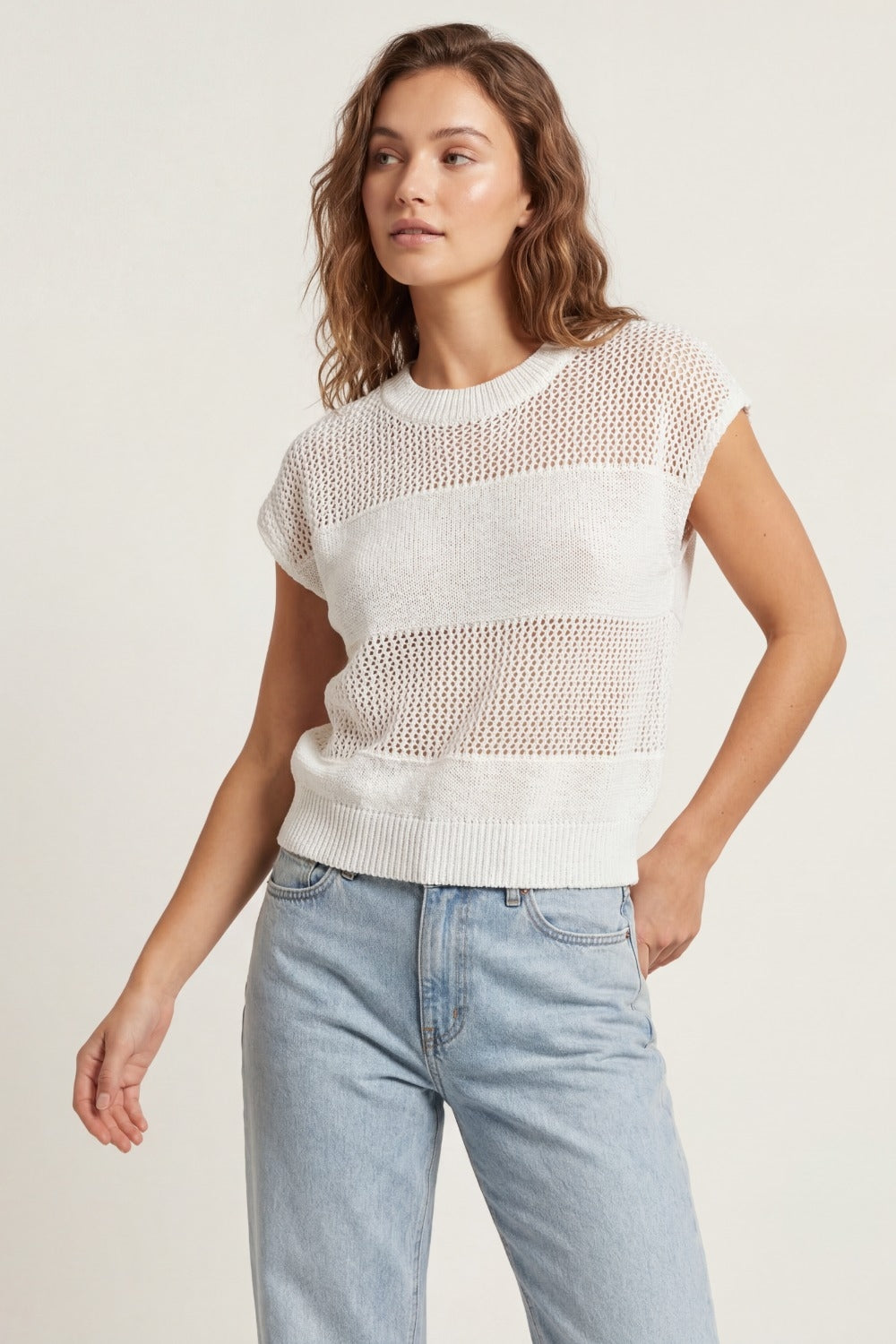 Pull léger à manches courtes en maille ajourée blanc