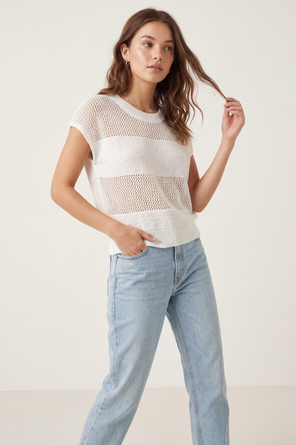 Pull léger à manches courtes en maille ajourée blanc
