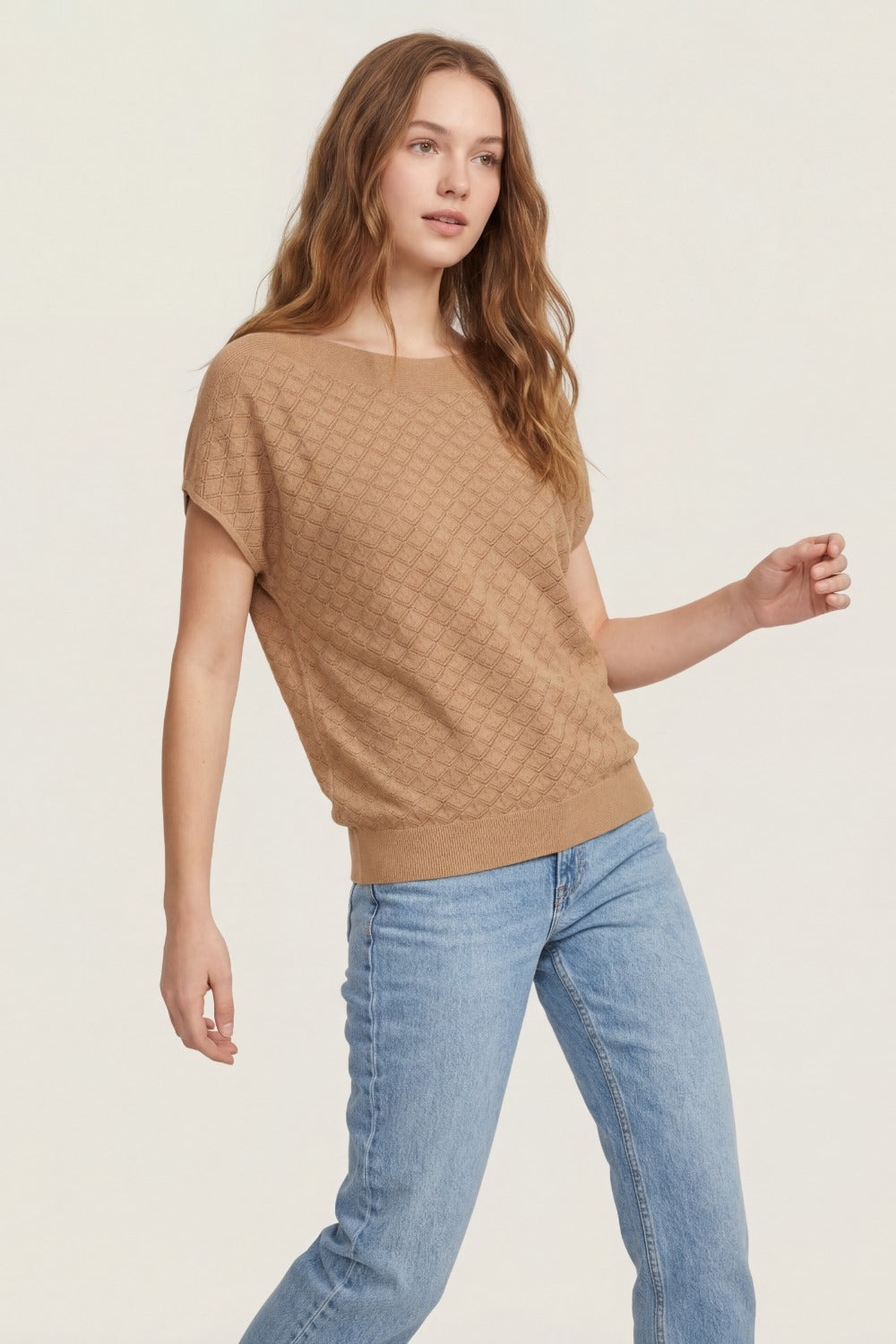 Pull à manches courtes en maille camel avec motif texturé