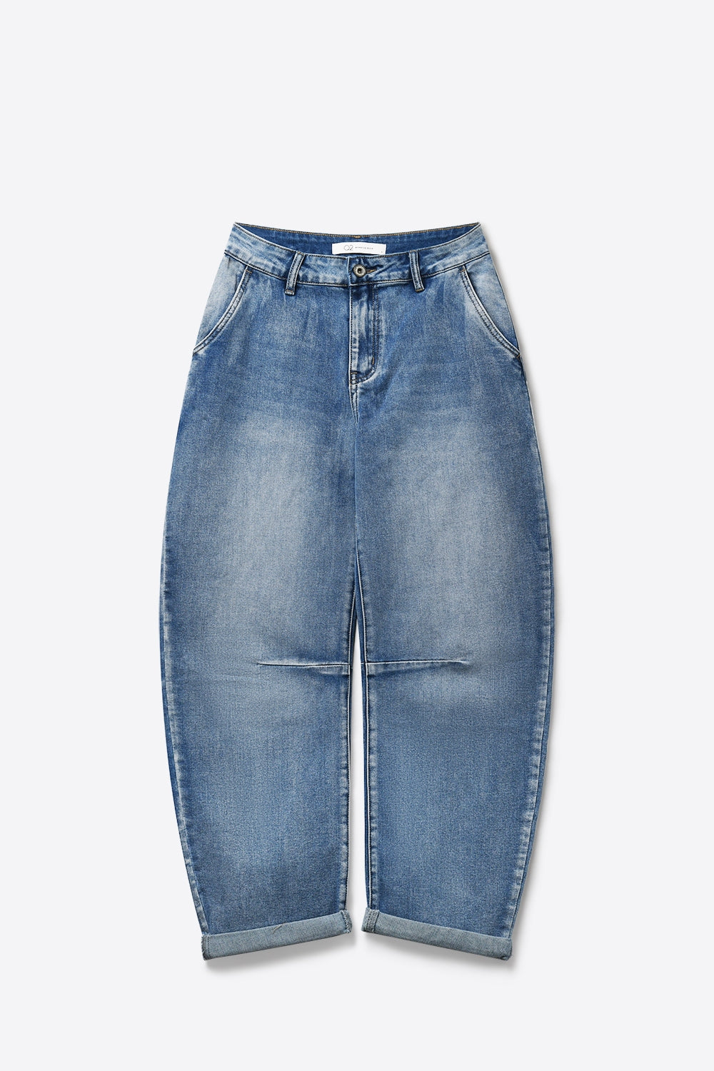 Jean à Jambes Barrel Délavage Clair avec Détail de Couture au Genou