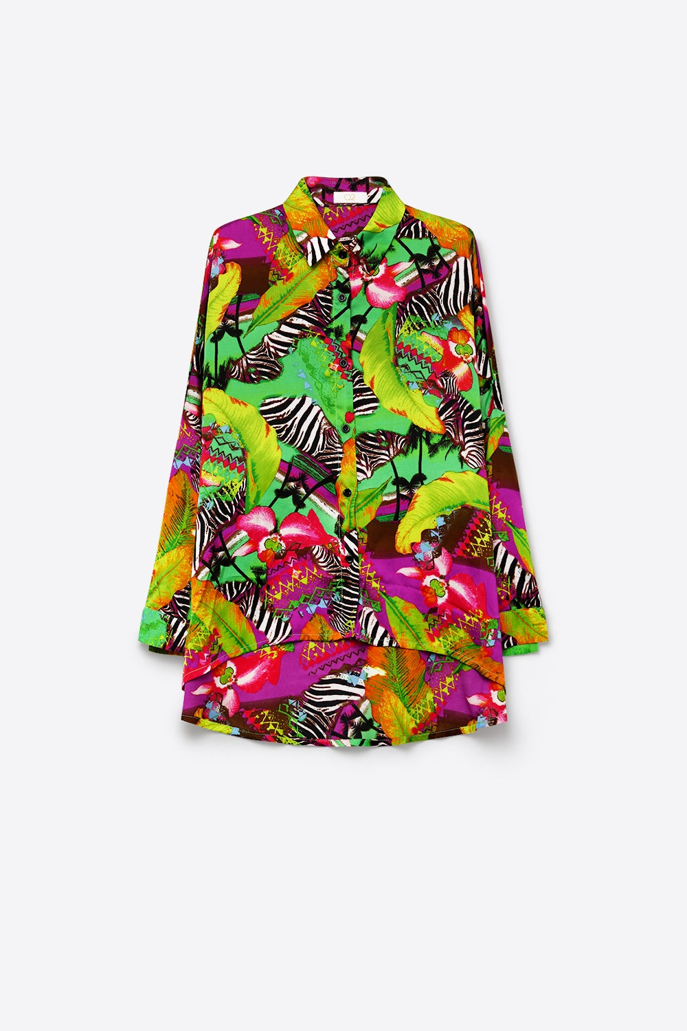 Chemise à imprimé tropical vibrant multi-vert à boutons en tissu satin