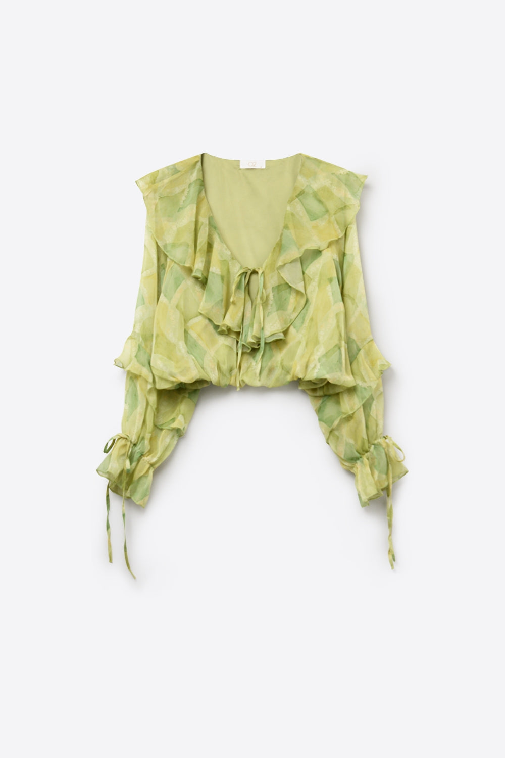 Blouse transparente à volants et nouée à l'avant vert clair