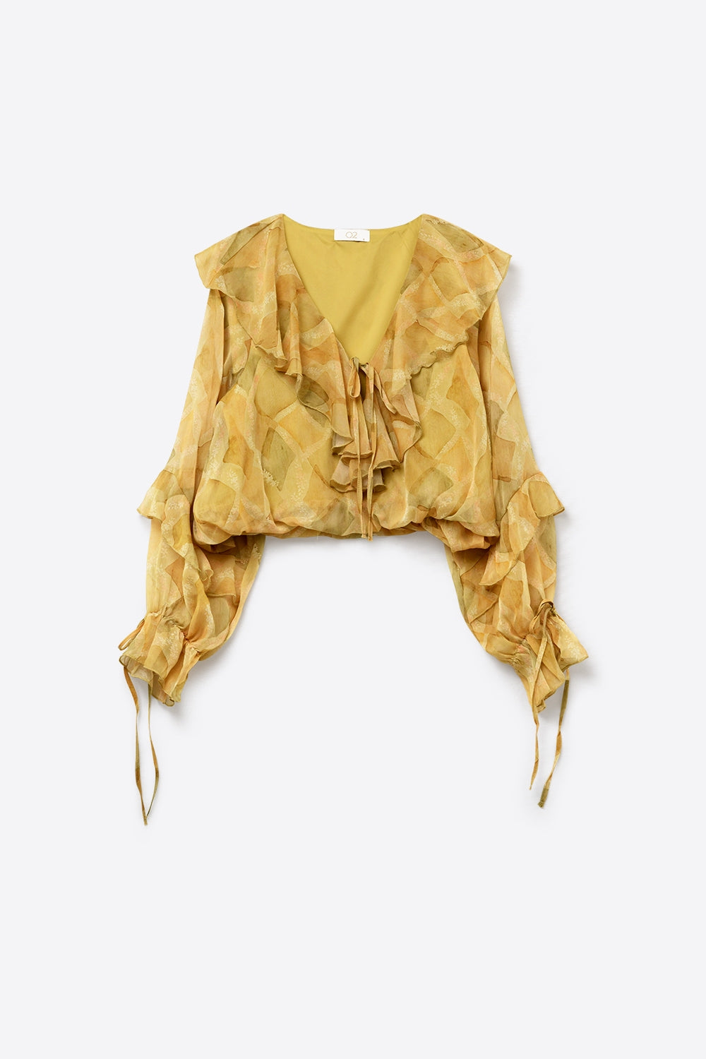 Blouse Transparente Moutarde avec Détails à Volants et Nœud à l'Avant