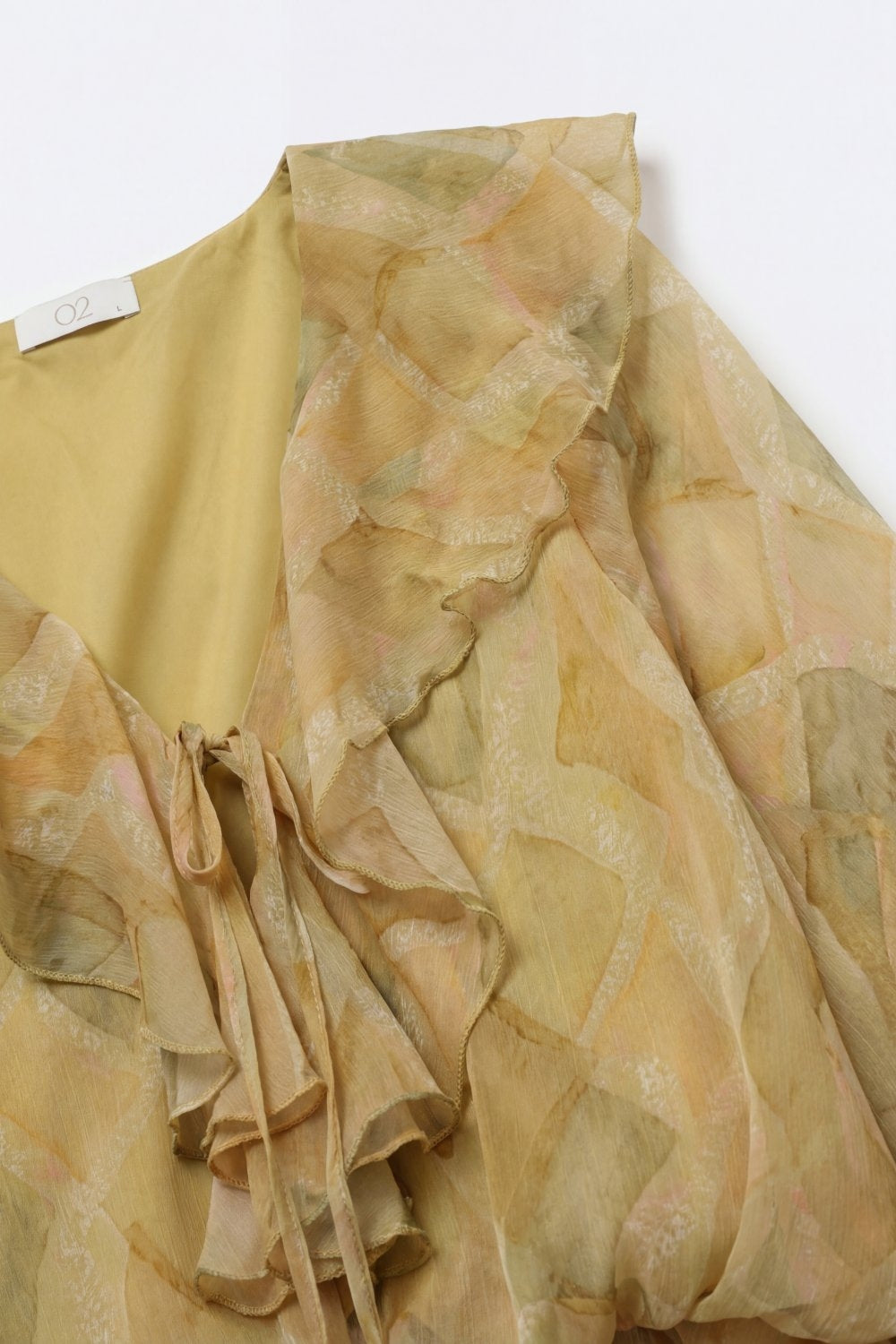 Blouse Transparente Moutarde avec Détails à Volants et Nœud à l'Avant