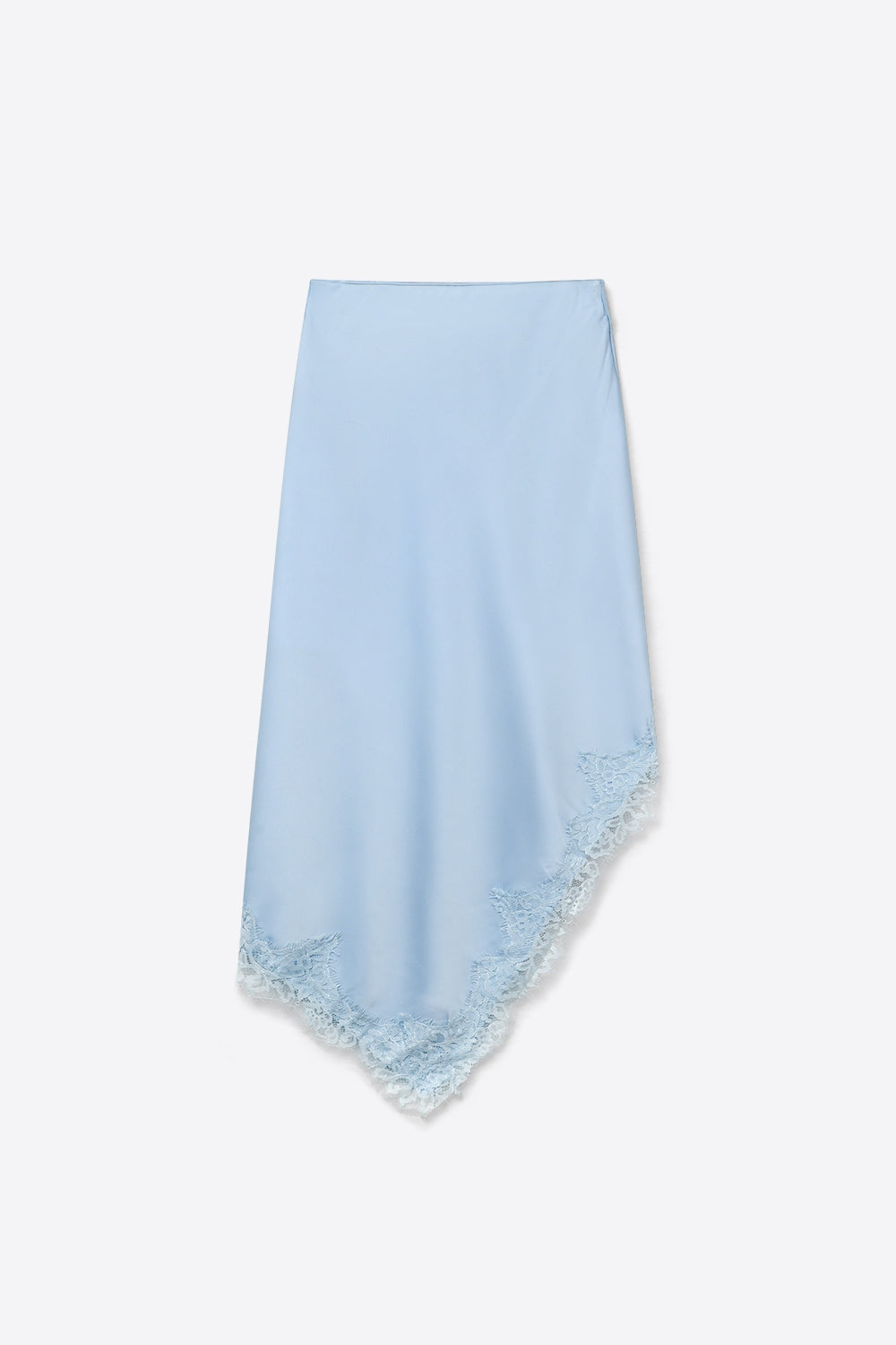Jupe Asymétrique en Satin Bleu Ciel avec Bordure en Dentelle