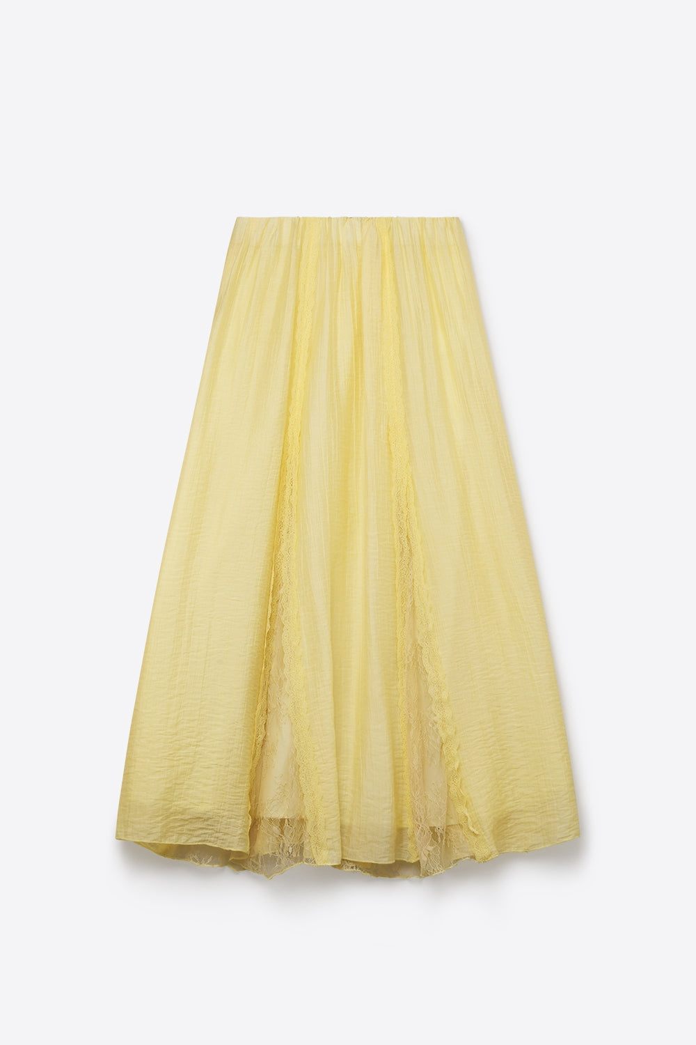 Jupe maxi trapèze jaune en tissu transparent texturé avec insert en dentelle