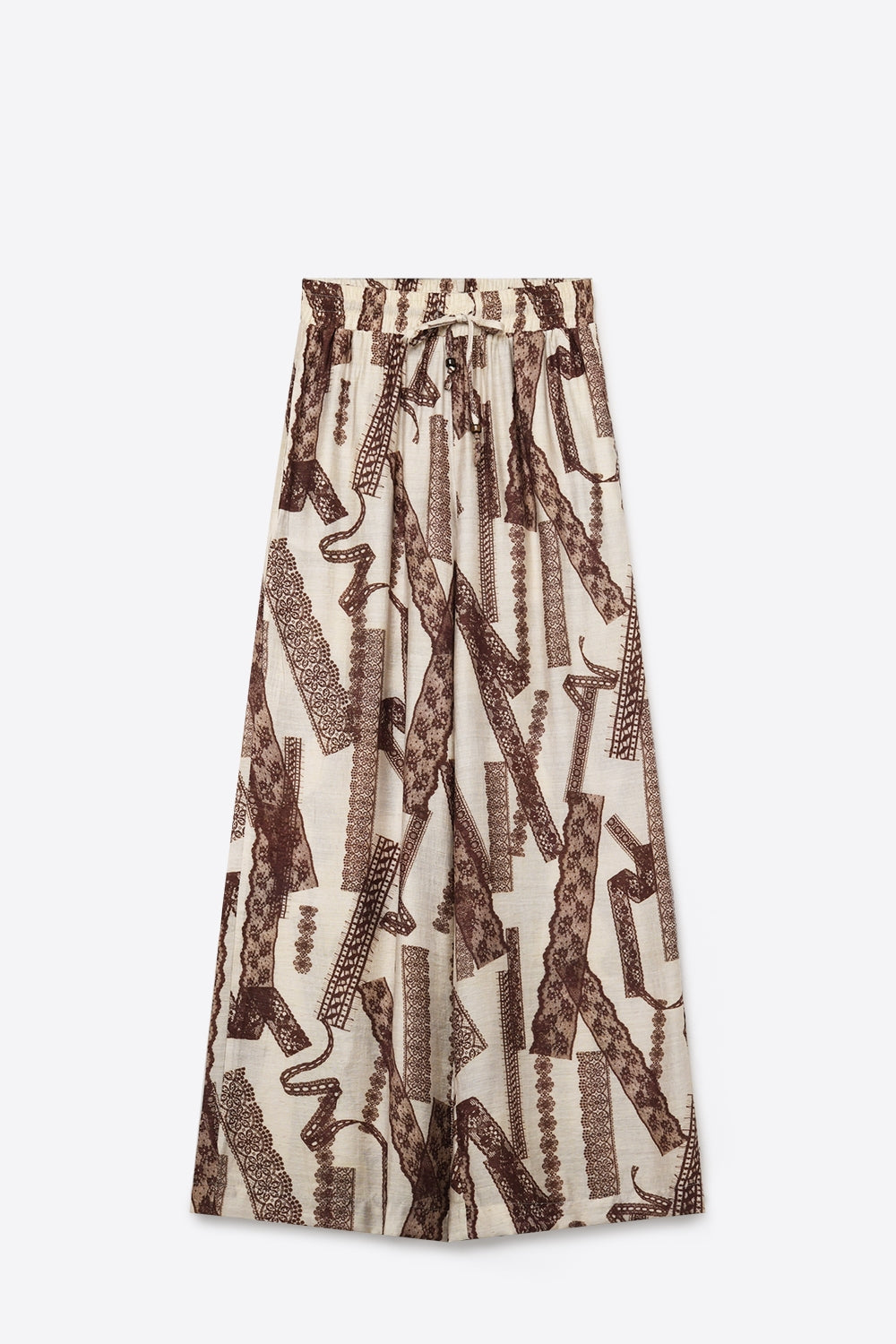 Pantalon Palazzo à Jambe Large Imprimé Crème et Marron à Longueur Cheville