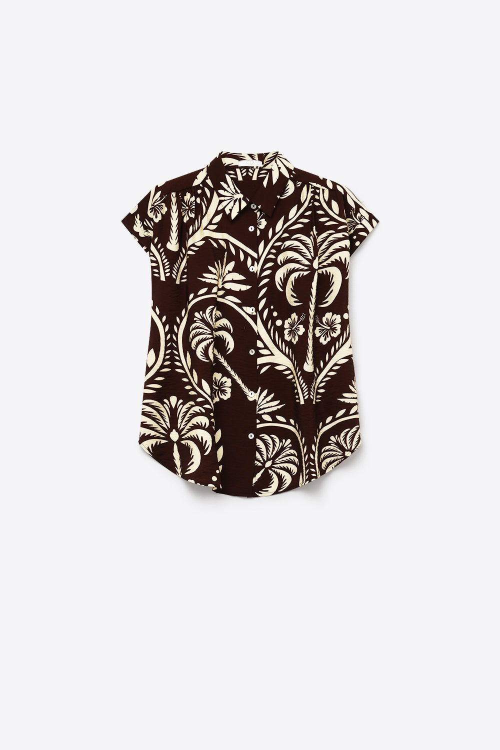 Chemise à manches courtes imprimée tropicale marron avec boutons