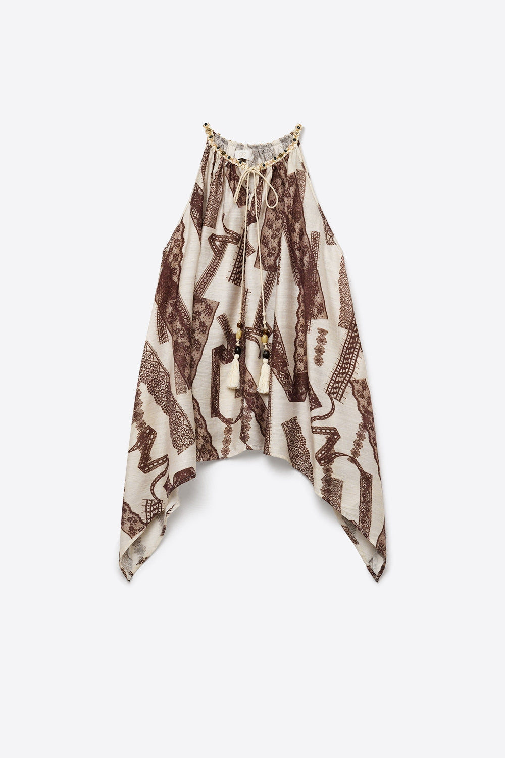 Top dos nu imprimé beige et marron à coupe ample
