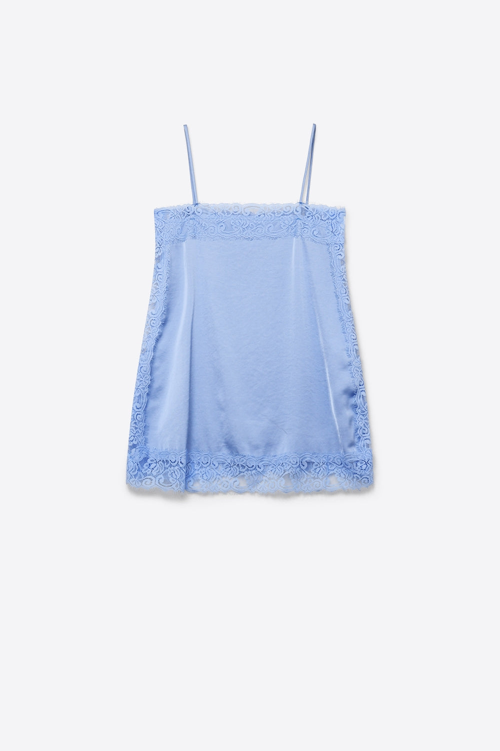 top en satin bleu clair avec bordure en dentelle
