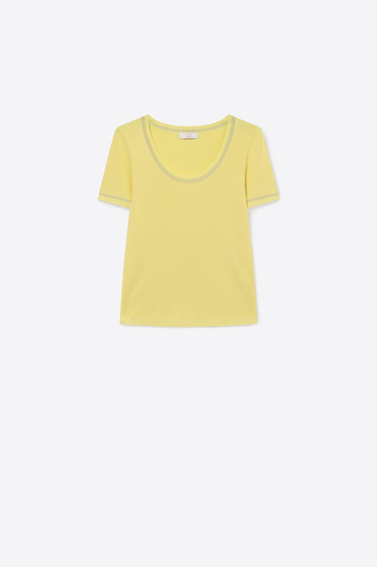 Pull jaune à col rond en tricot côtelé avec garniture en lurex brillant