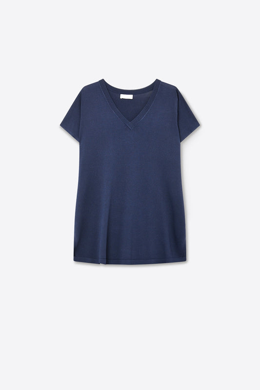 Pull en maille à col en V et à manches courtes marine