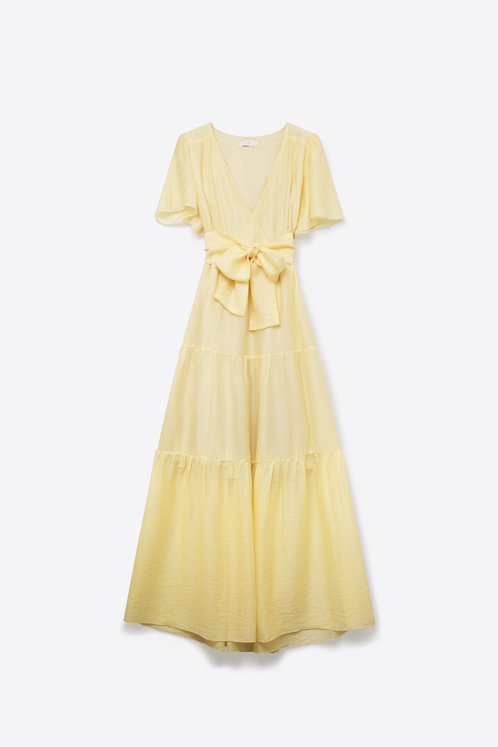 Robe Maxi Jaune avec Ceinture à la Taille et Manches Volantes