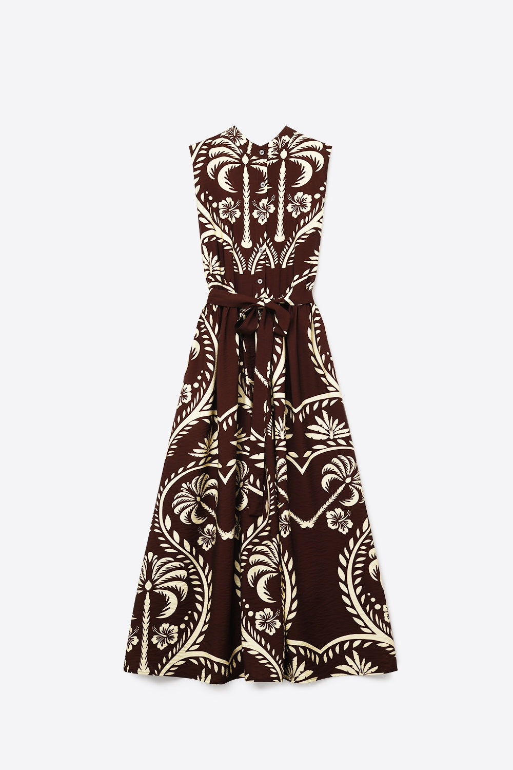 Robe Maxi Imprimée Marron avec Taille Ceinturée