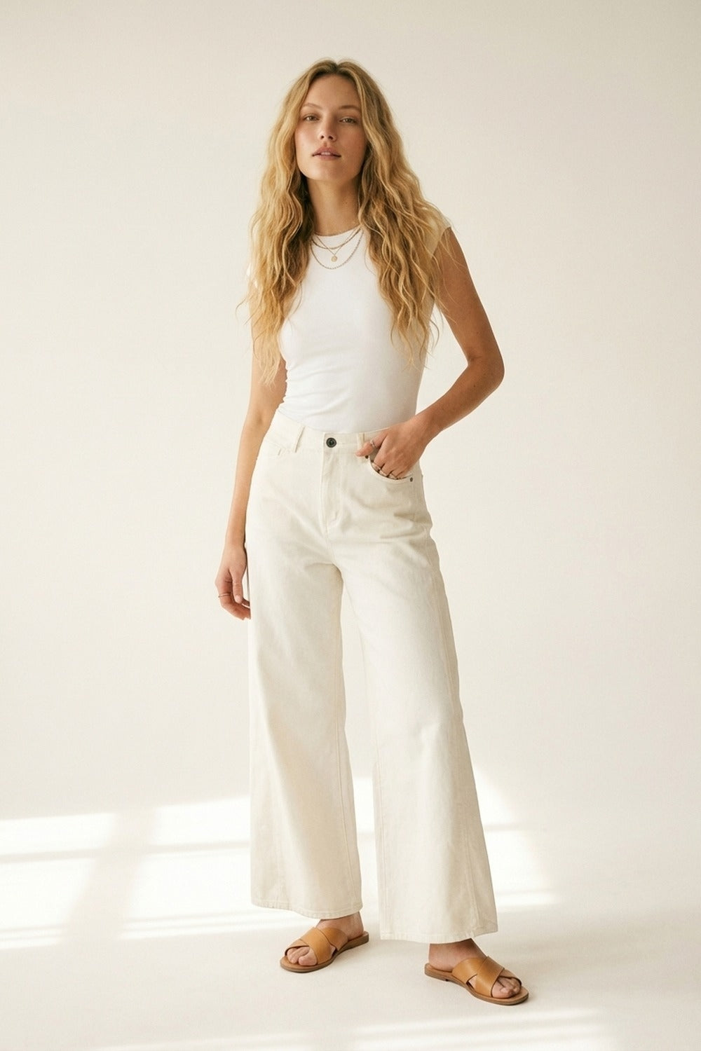 Pantalon extra-large en sergé de coton élastique de couleur blanche