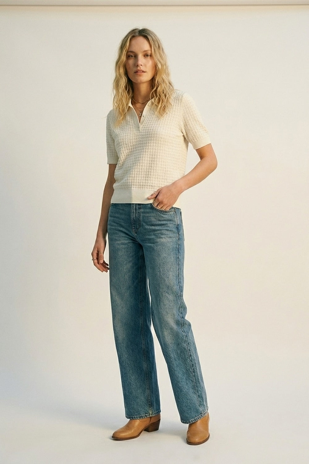 Polo à manches courtes en tricot texturé crème
