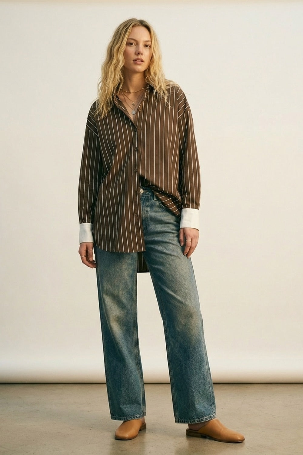 Brown Striped Long Sleeve Button-Up Shirt Dress