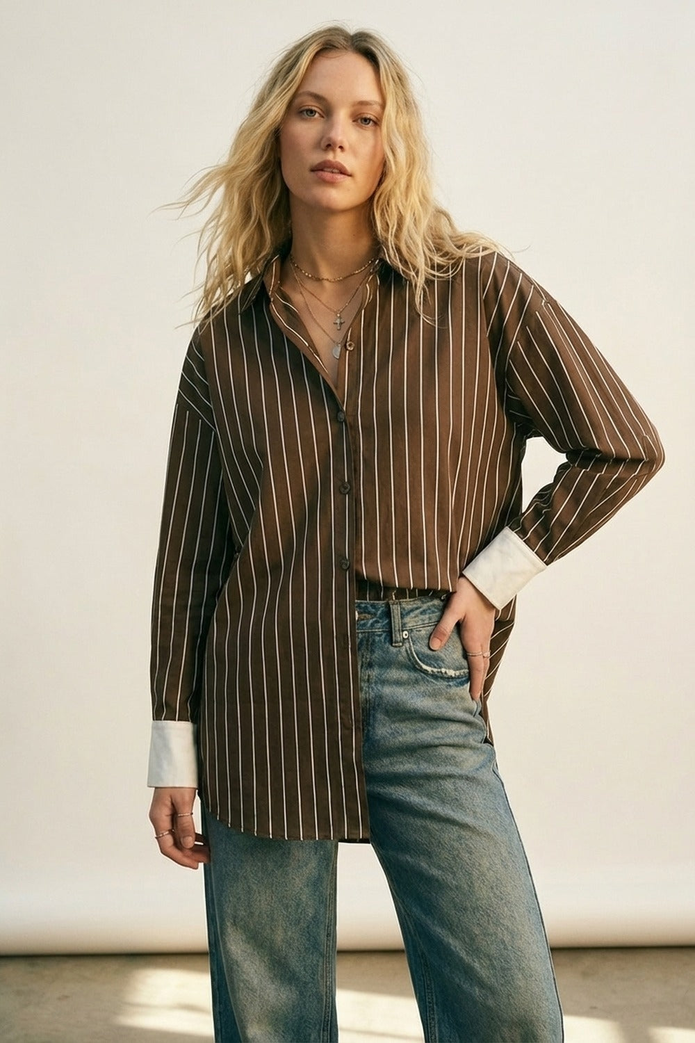 Brown Striped Long Sleeve Button-Up Shirt Dress
