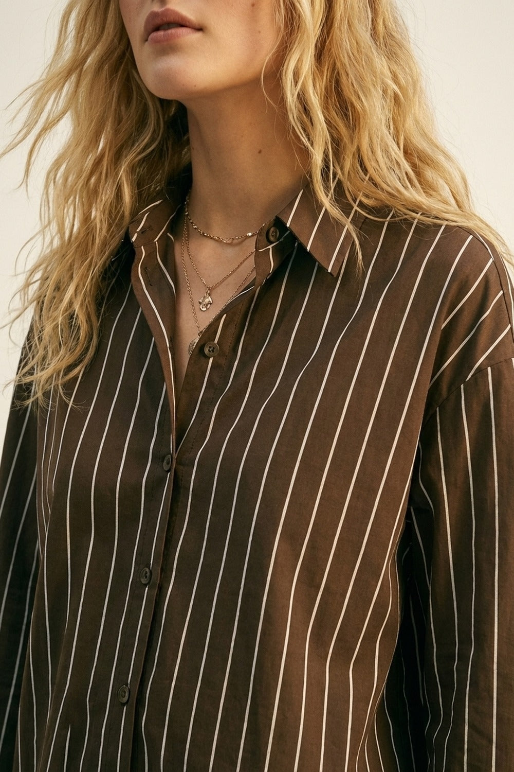 Brown Striped Long Sleeve Button-Up Shirt Dress