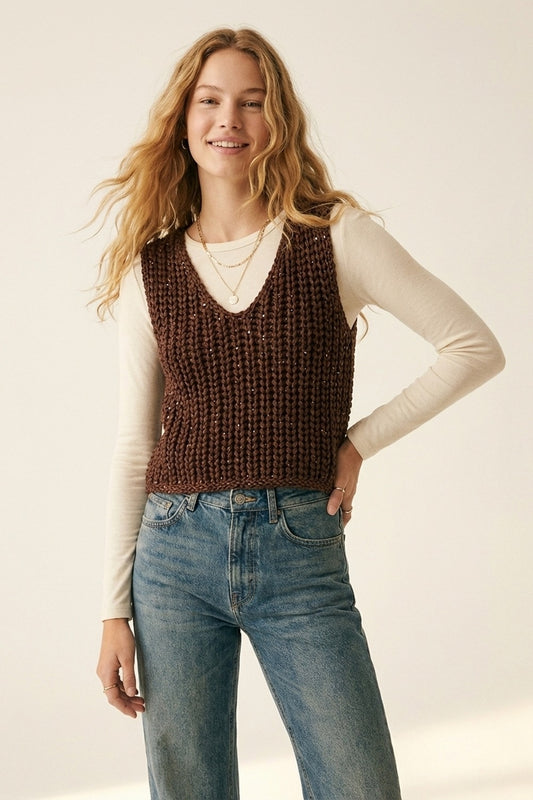 Gilet en maille à col en V marron épais