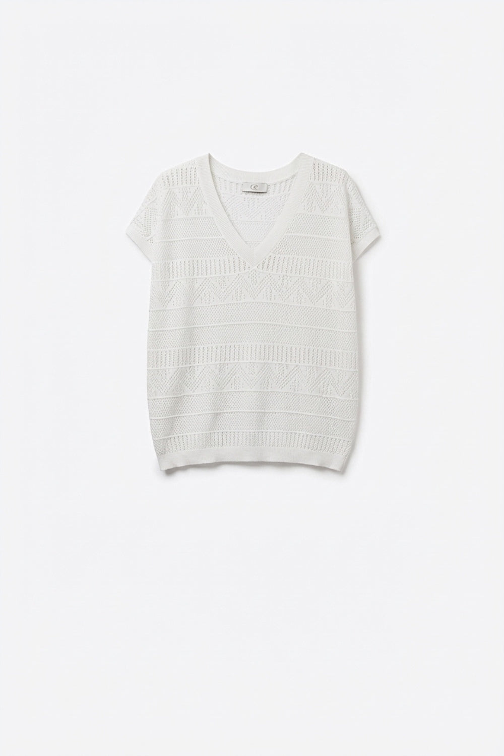 Pull en maille ajourée blanc à col en V et manches courtes