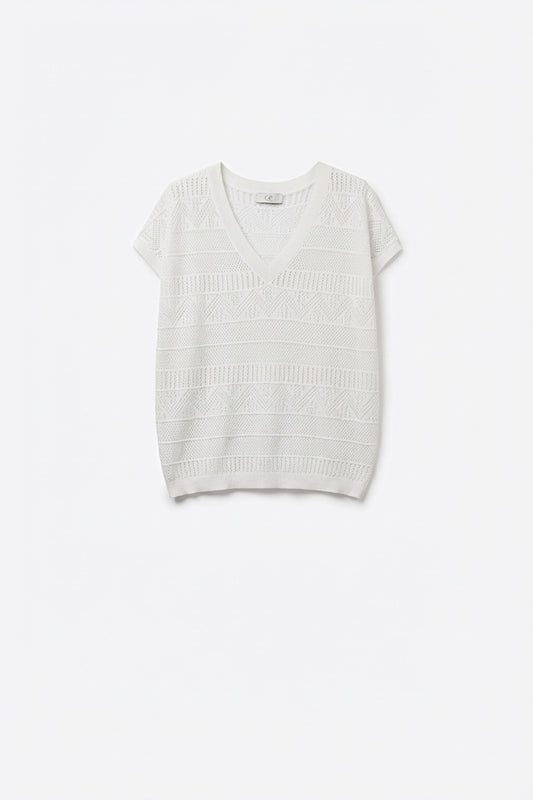 Pull en maille ajourée blanc à col en V et manches courtes