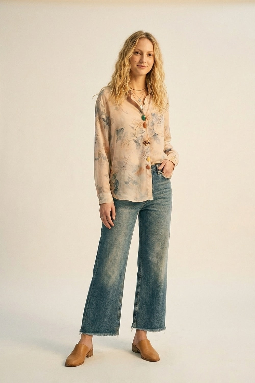 Blouse transparente boutonnée à imprimé floral beige