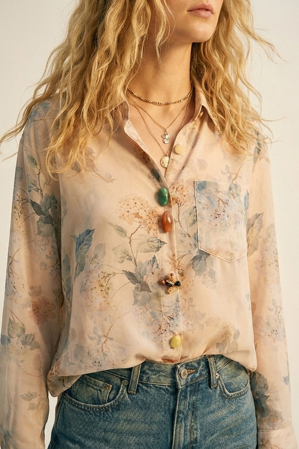 Blouse transparente boutonnée à imprimé floral beige