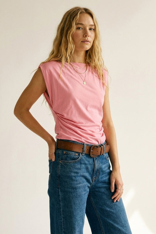 Top drapé sans manches asymétrique rose pour femmes
