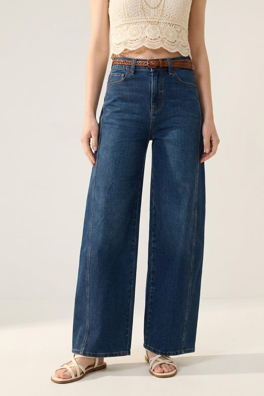 Jean classique à jambes larges en denim bleu avec couture