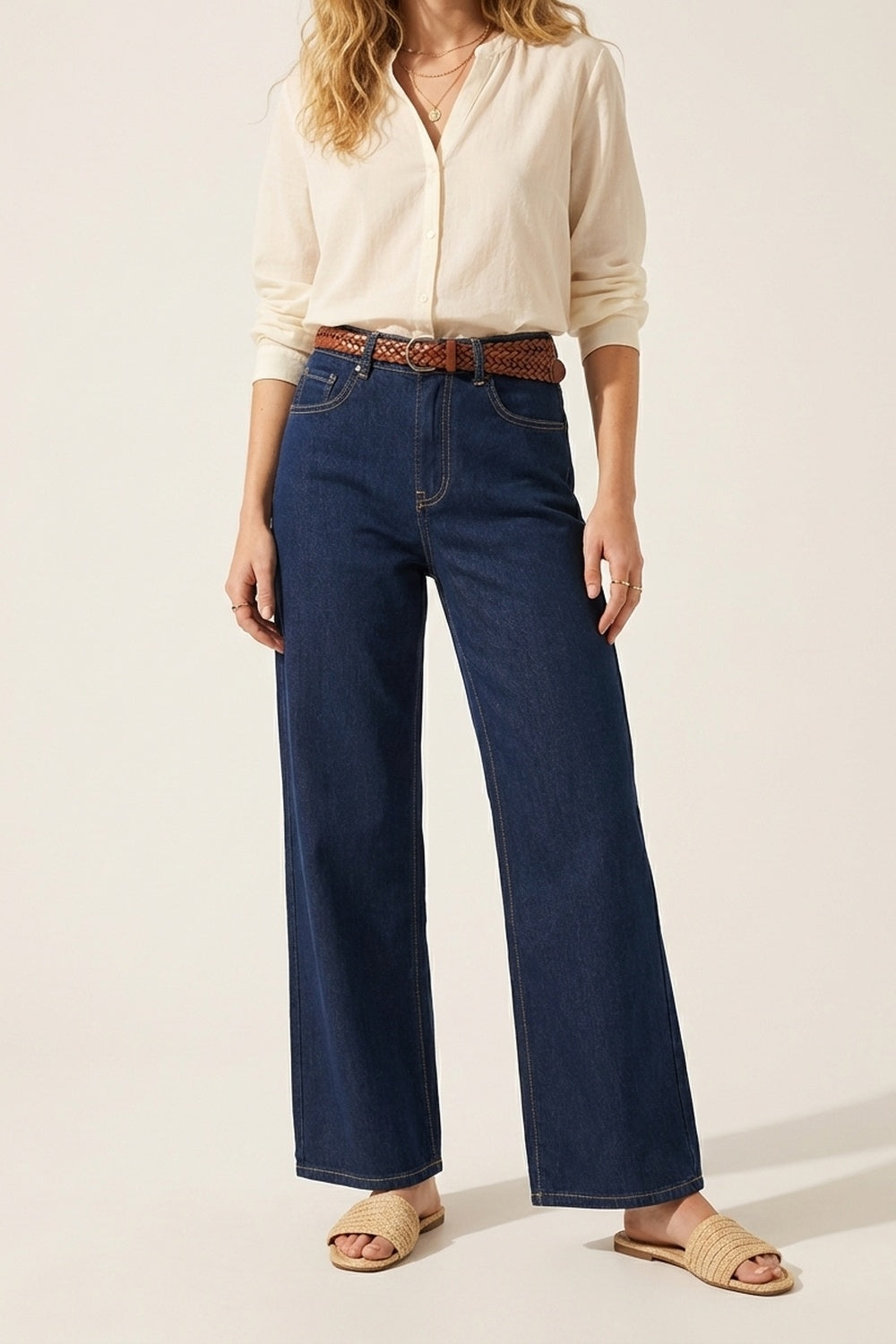 Jean en denim à jambe large et à taille haute bleu
