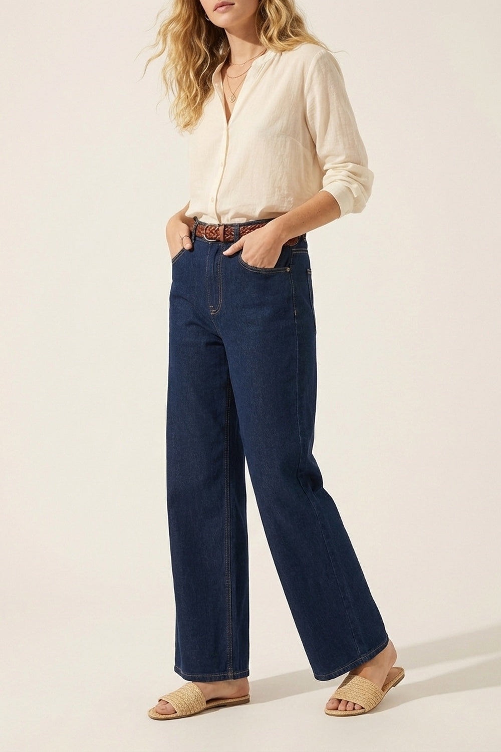 Jean en denim à jambe large et à taille haute bleu