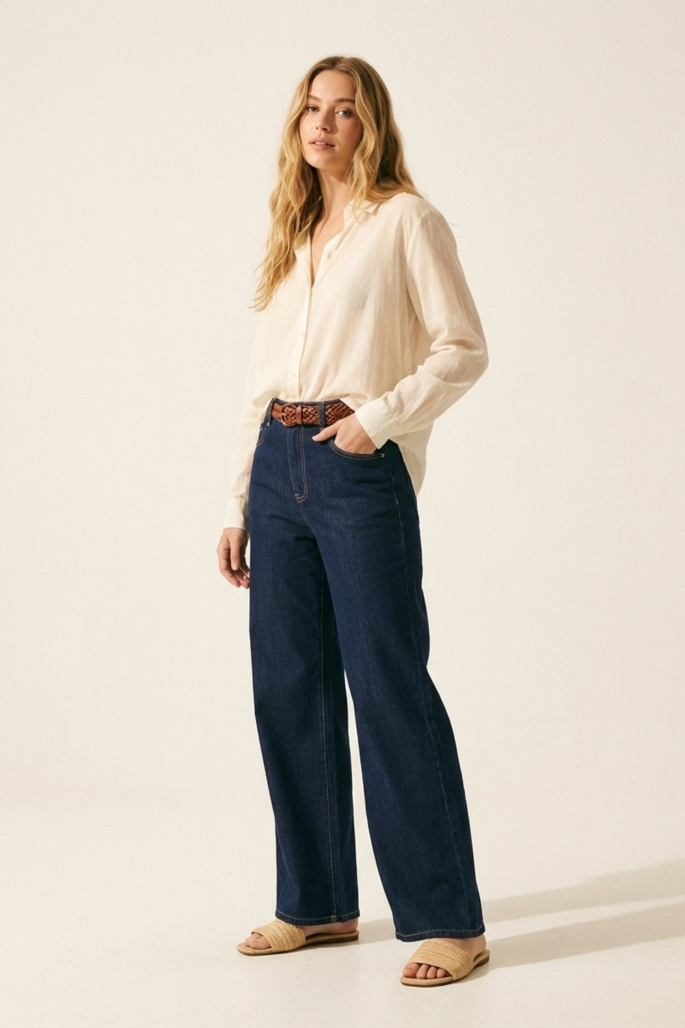Jean en denim à jambe large et à taille haute bleu