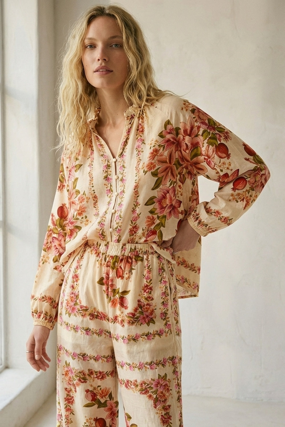 Chemisier boho à imprimé floral crème avec col à cordon de serrage