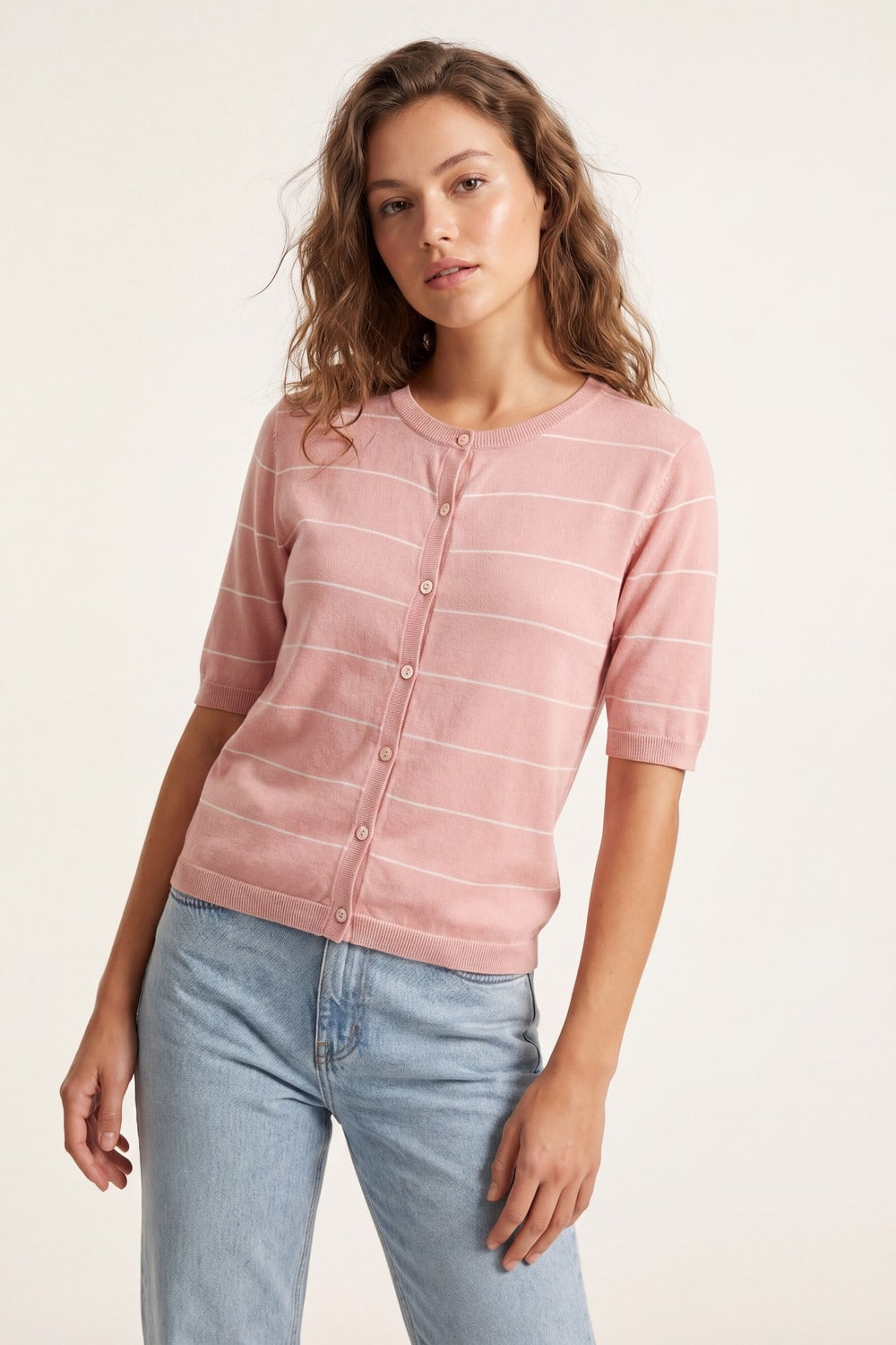 Cardigan boutonné à manches courtes en tricot rayé rose