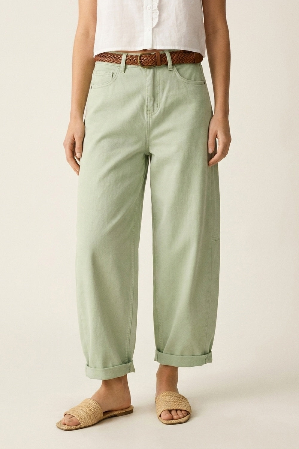 Pantalon Décontracté en Coton Vert Clair à Jambe Large Style Baril