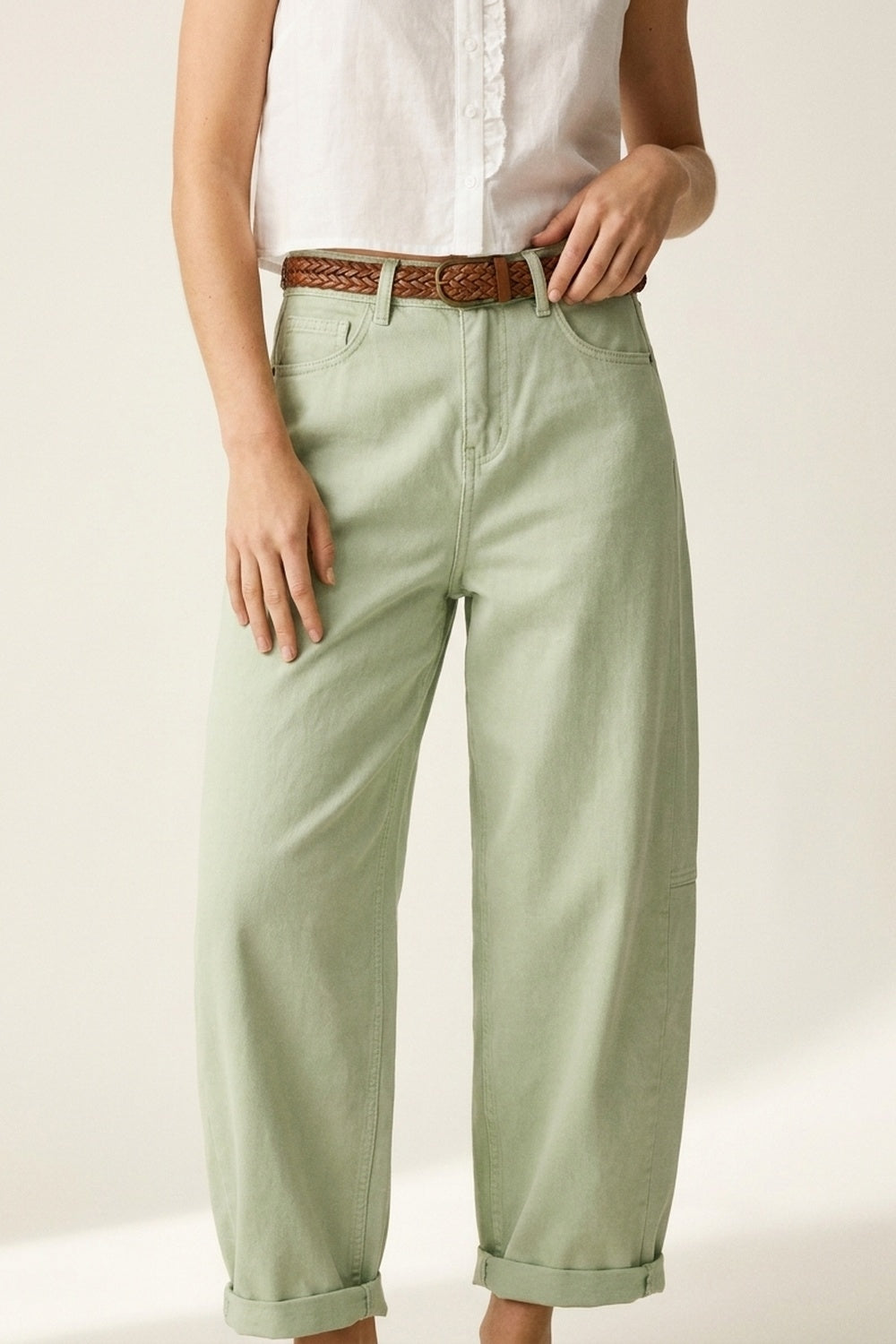Pantalon Décontracté en Coton Vert Clair à Jambe Large Style Baril