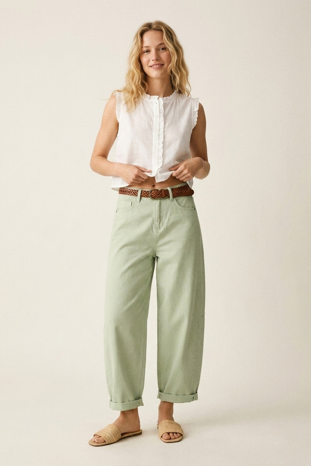 Pantalon Décontracté en Coton Vert Clair à Jambe Large Style Baril