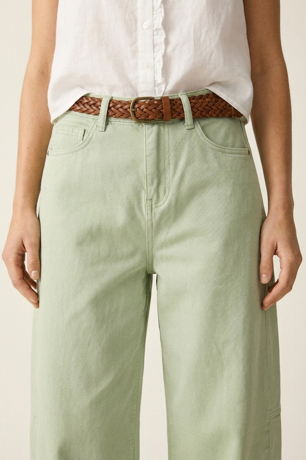 Pantalon Décontracté en Coton Vert Clair à Jambe Large Style Baril