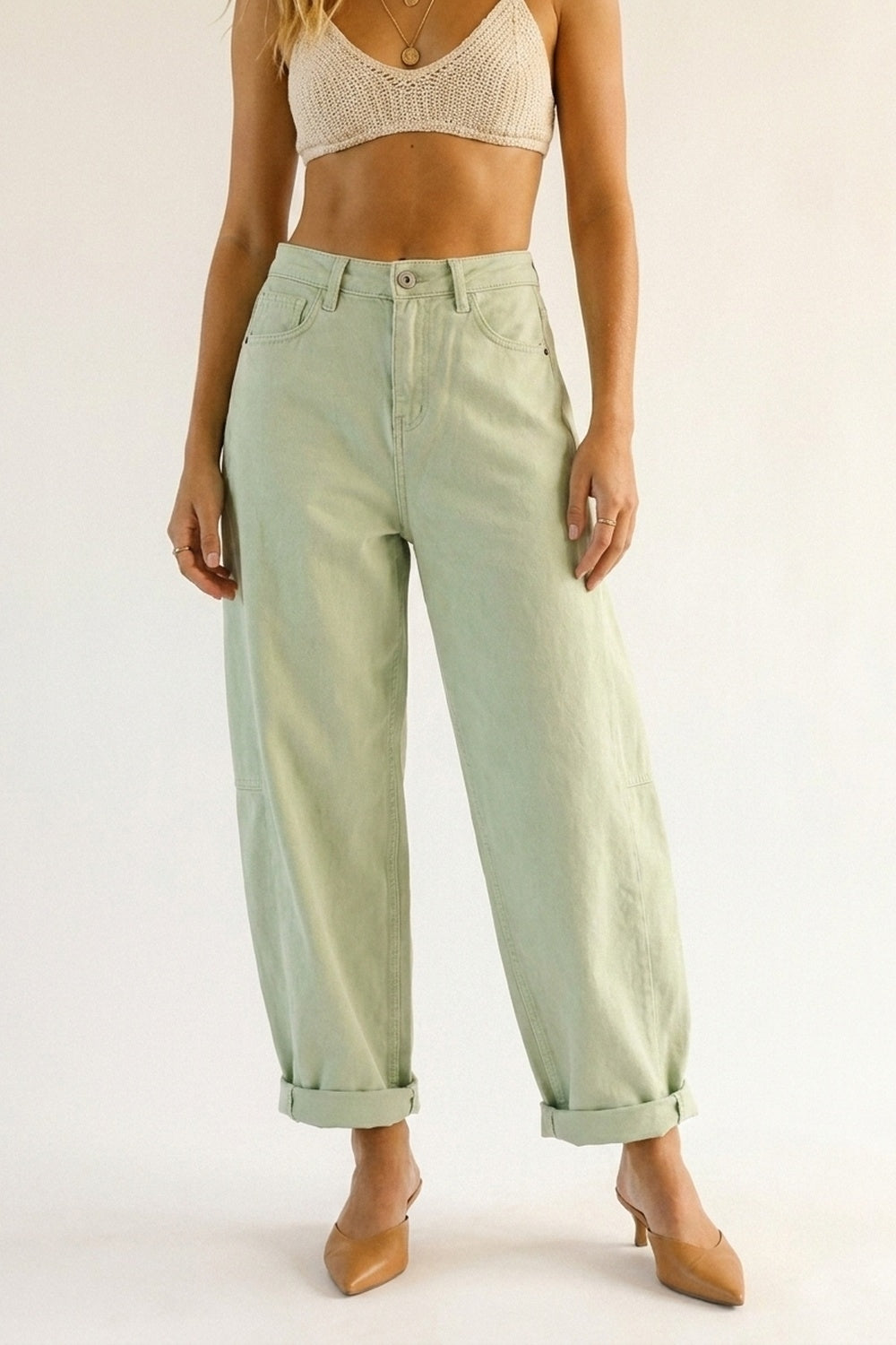 Pantalon Décontracté en Coton Vert Clair à Jambe Large Style Baril
