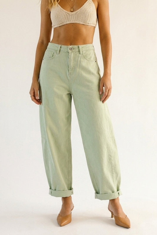 Pantalon Décontracté en Coton Vert Clair à Jambe Large Style Baril
