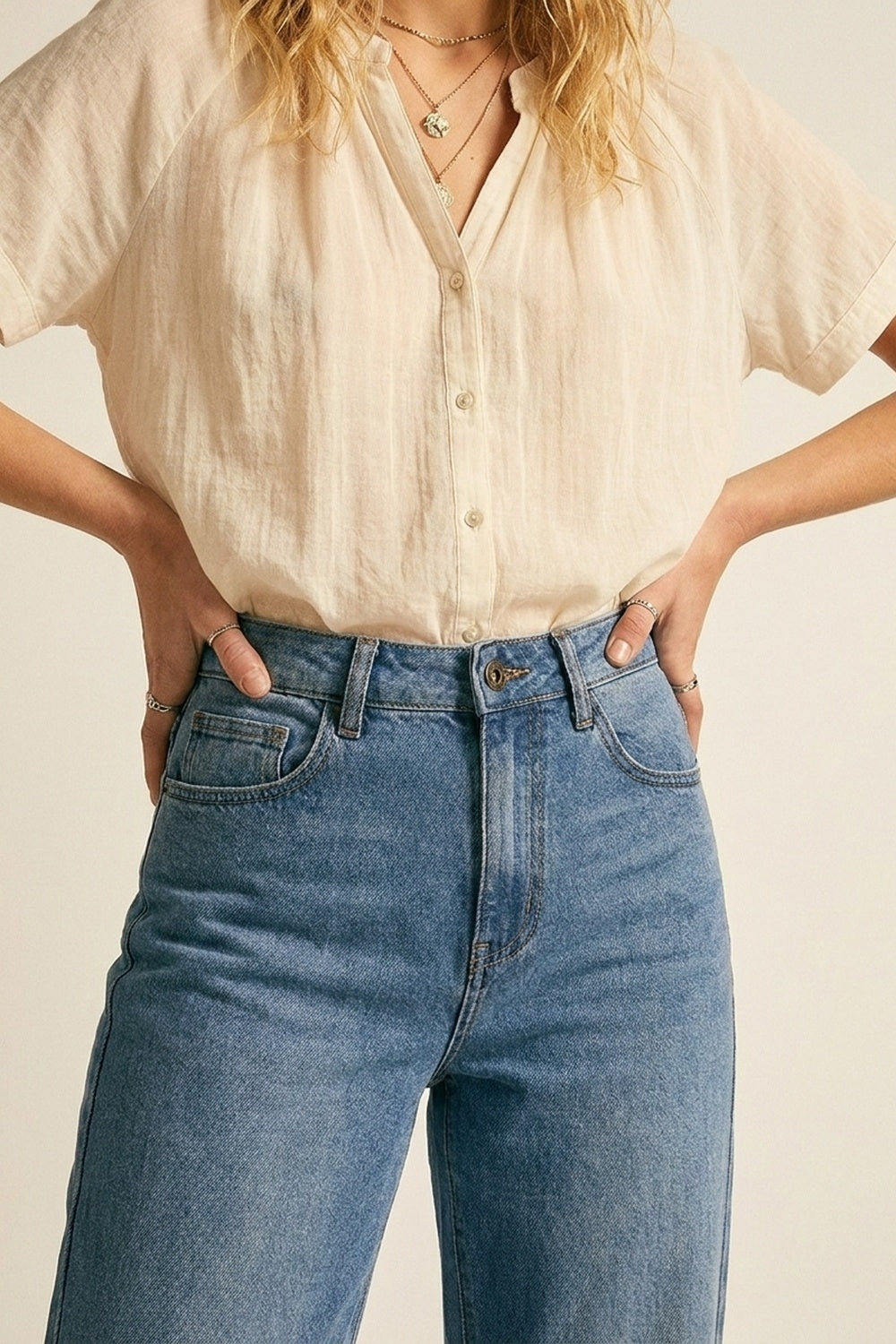 Jeans en denim bleu classique à jambes droites avec taille mi-haute