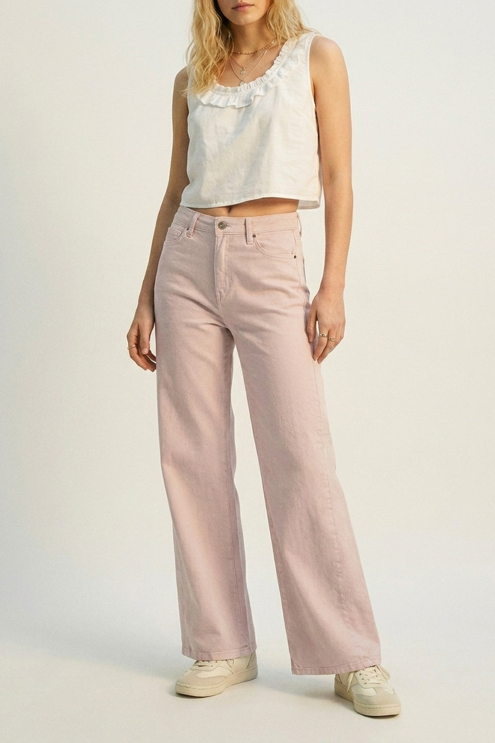 Pantalon large rose clair en sergé léger